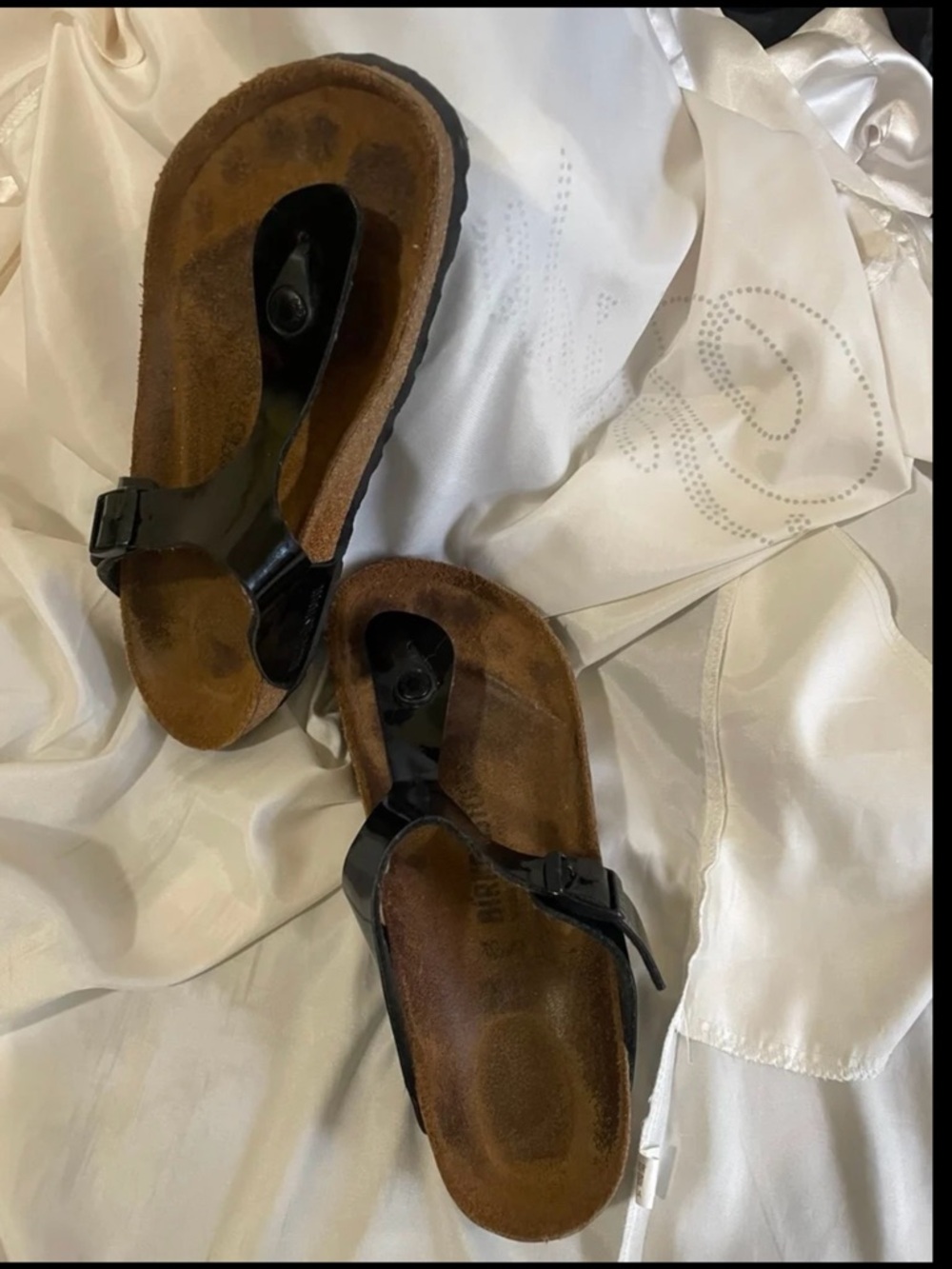 Birkenstock Black Patent T-Strap Sandals with Brown Footbed